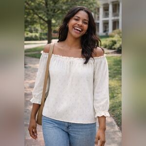 Drew Off Shoulder White Blouse Gold Dot Textured Peasant Top Boho Balloon Sleeve